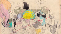 Cat Roissetter, Nurseru Figurines II, 2017_Crayon de couleur, graphite, pastel à l'huile, crayon sur papier avec huile d'olive, 21 x 27 cm © Cat Roissetter