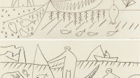 Pablo Picasso - Fishermen (RectoVerso) 1957 - Crayon noir et marron sur papier vélin épais crème, 50,5x93,5cm -OMER TIROCHE GALLERY
