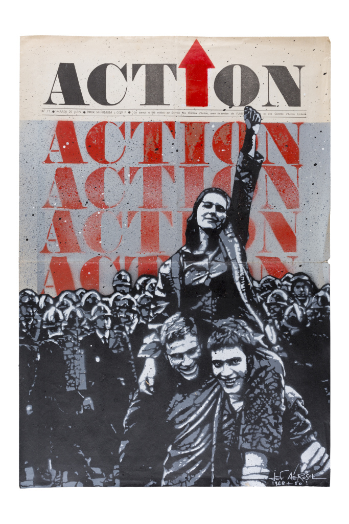 Jef Aérosol, Action, 2018, technique mixte sur un original de la une du journal Action, 54 x 37 cm 