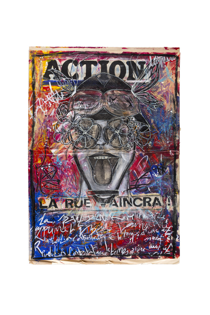 Betty Mariani, Action, 2018, technique mixte sur un original de la une du journal Action, 54 x 37 cm 