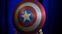 The shield used by Chris Evans in the 2016 film, Captain America Civil War. Courtesy of the Smithsonian Institution.