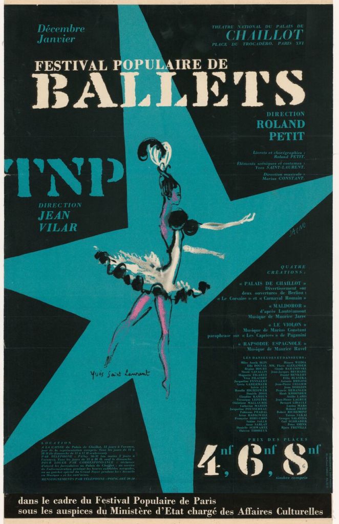 Festival populaire de ballets, Affiche du Théâtre National Populaire par Marcel Jacno, illustrée d’une dessin d’Yves Saint Laurent (1936-2008), décembre 1962 - janvier 1963
