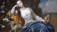 An oil painting, a three quarter length portrait of a seated woman wearing a blue and white dress. Sitting in a landscape, under a tree with a dog and lamb, holding a flower garland in her left hand, her head resting on her right hand.