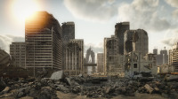 Digitally generated post apocalyptic scene depicting a desolate urban landscape with buildings in ruins and lots of rubble through the city streets.

The scene was rendered with photorealistic shaders and lighting in Autodesk® 3ds Max 2020 with V-Ray Next with some post-production added.