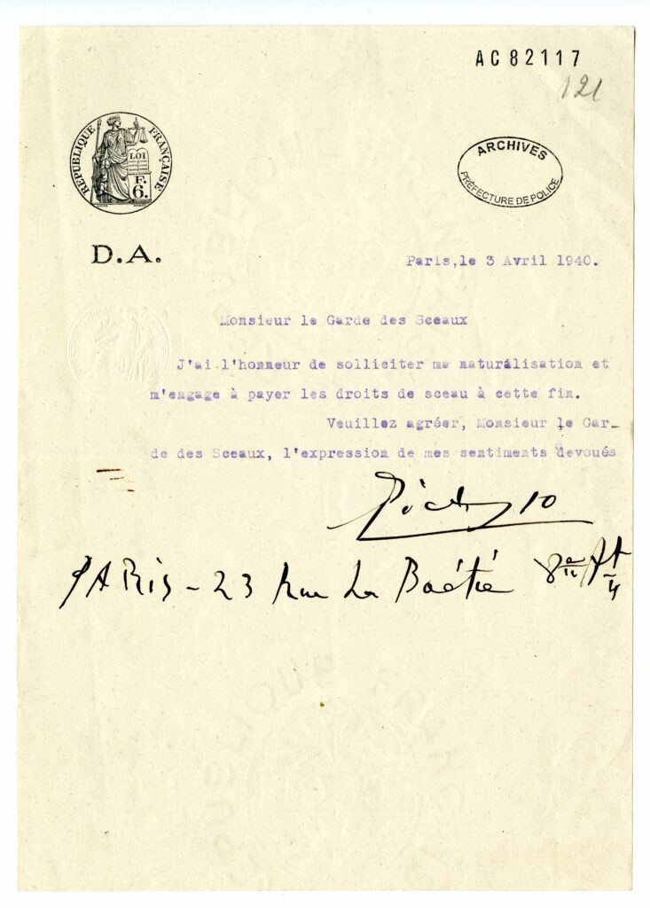 Lettre envoyée au Garde des sceaux pour une demande de naturalisation, comprenant la signature de 1940.