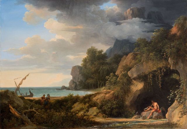 Pierre Henri de Valenciennes, Pyrrhus apercevant Philoctète dans son antre, à l’île de Lemnos, 1789