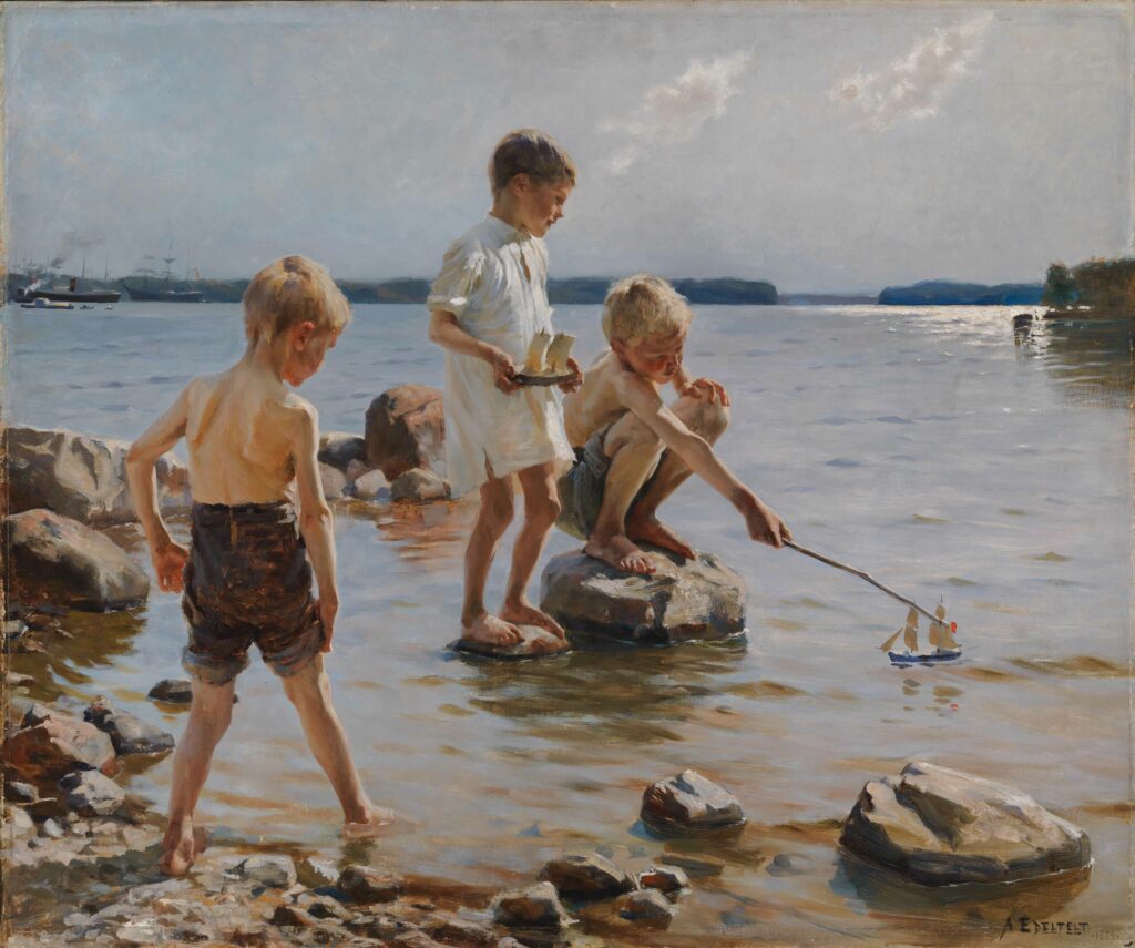 A. Edelfelt, Jeunes garçons jouant sur la plage, 1884