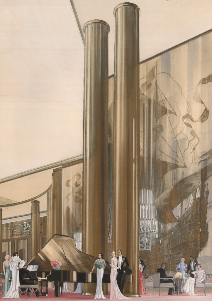 Roger Henri Expert (Bouwens van der Boijen, collaborateur), paquebot «Normandie»,perspective intérieure sur le grand salon, guache et aquarelle sur papier, 1933-1934