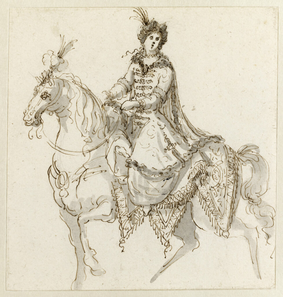 Jean Berain, Costume de cavalière à la hongroise pour le « Carrousel d’Alexandre et Thalestris », 1686