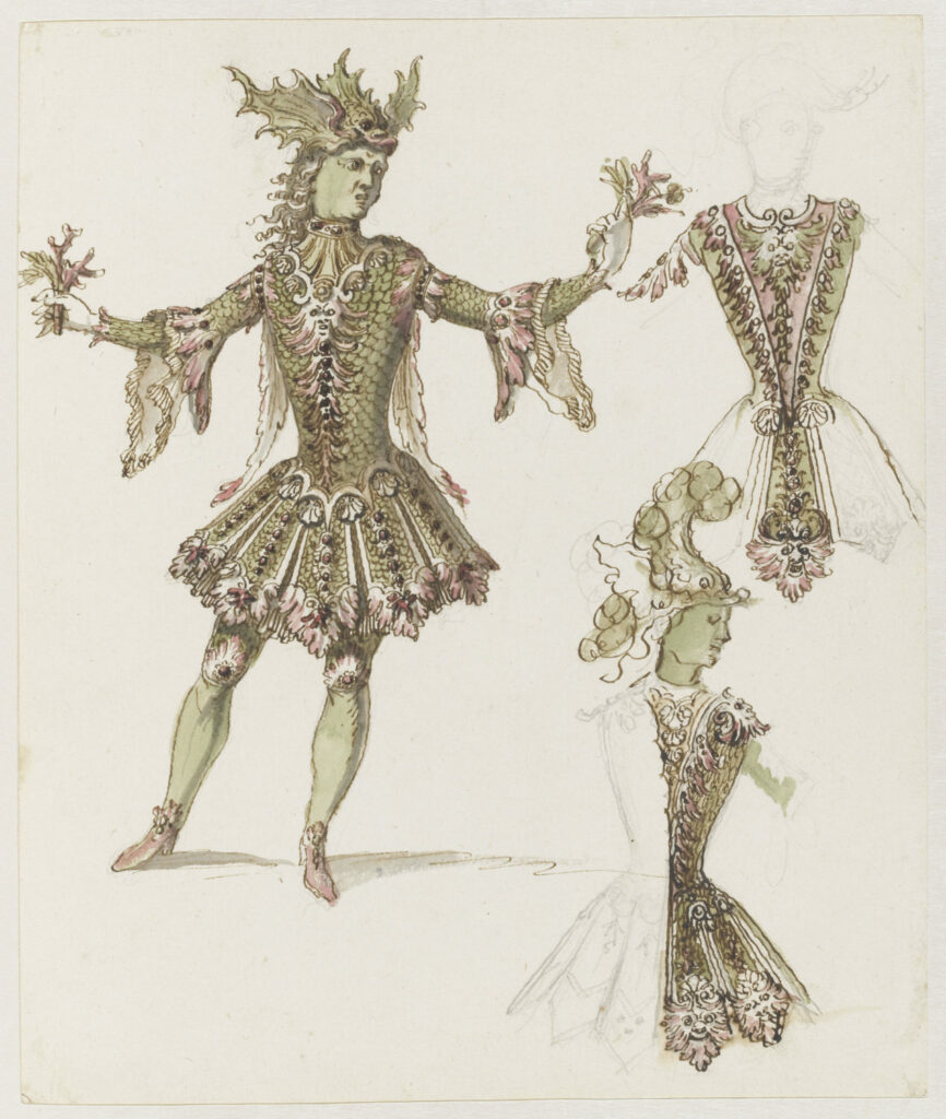 Jean Berain, Costume de triton avec deux propositions alternatives pour le corps et le tonnelet, dernier quart du XVIIe siècle