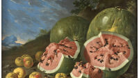 Exposition Les Choses - Musée du Louvre -Luis Egidio-Melendez-Nature morte avec pasteques et pommes dans un paysage -Museo-Nacional-del-Prado-©-Museo-Nacional-del-Prado