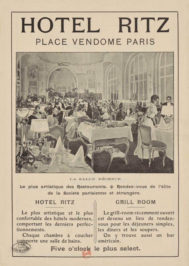 Anonyme, Hôtel Ritz, place Vendôme, Paris, 1901, placard publicitaire