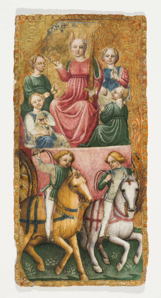 Carte du Chariot d’un tarot enluminé, « Maître du Chariot d’Issy », Milan, vers 1441-44