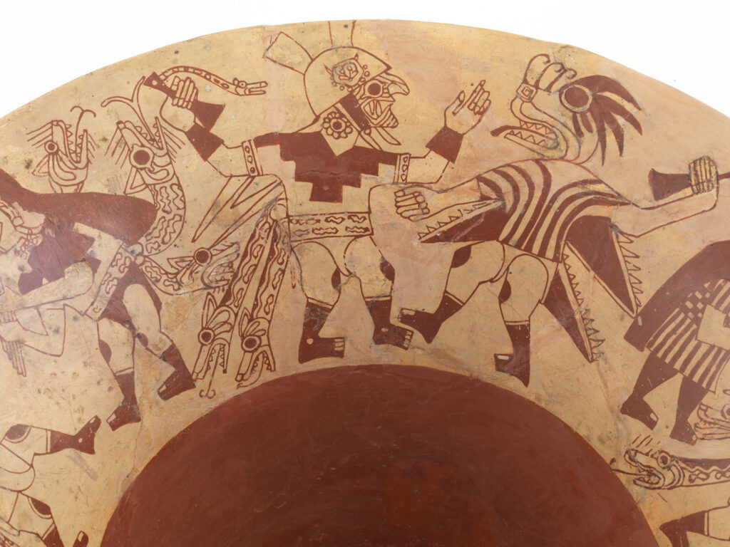 Détail d’une cruche à bord évasé illustrant les épisodes de l’épopée mythologique d’Ai Apaec, Culture Mochica, 100 - 800 apr. J.-C
