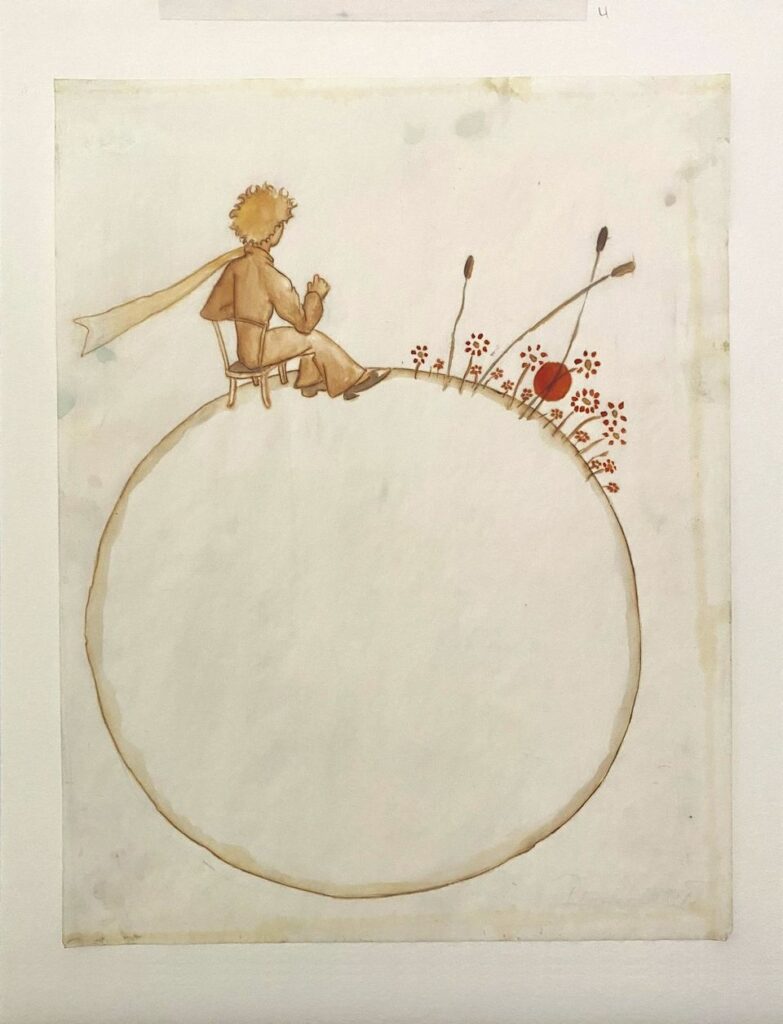 exposition À la rencontre du Petit Prince, MAD, Antoine de SaintExupéry, Le petit prince assis sur son astéroïde, devant un parterre de fleurs