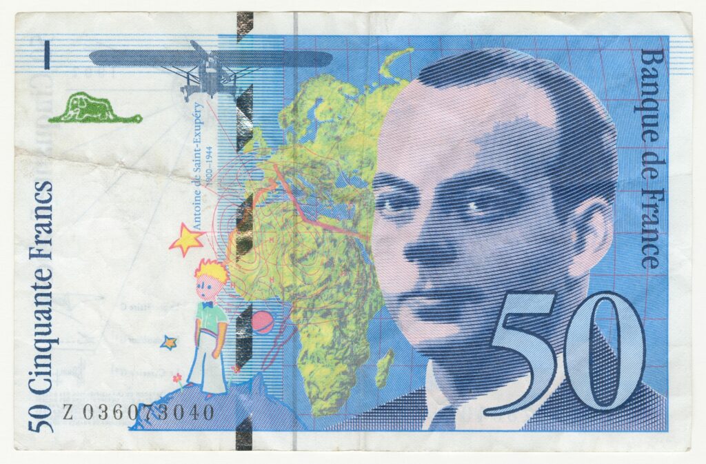 exposition À la rencontre du Petit Prince, MAD, Billet de 50 francs à l'effigie d'Antoine de Saint-Exupéry (recto), Années 1990