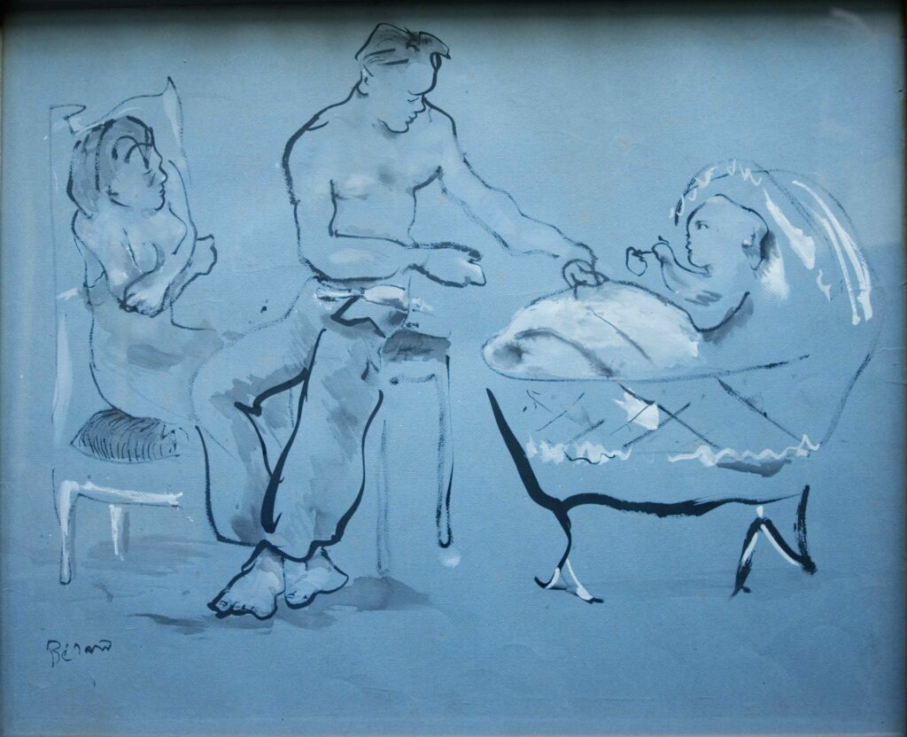 Deux personnages avec nourrisson dans son berceau sur fond bleu, 1938