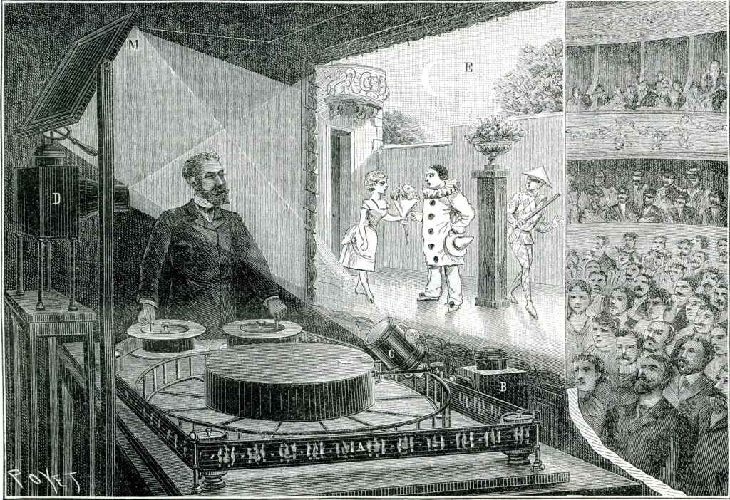 Vue d’ensemble théâtre optique, projection au musée Grévin, dans La Nature, n°999, 23 juillet 1892