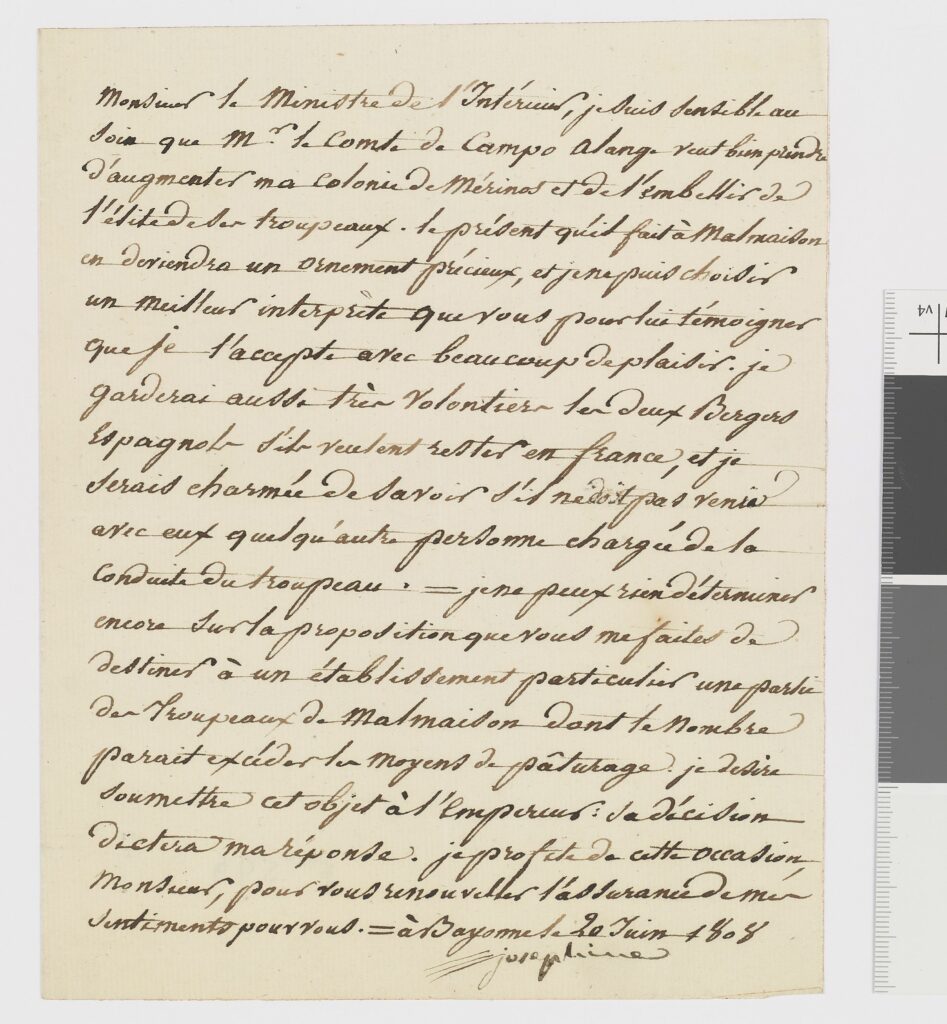 Lettre de l’impératrice Joséphine au ministère de l’Intérieur pour remercier le comte de Campo Alange de son envoi de mérinos, 20 juin 1808.