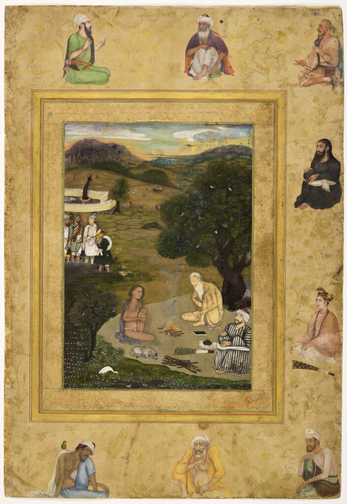 Ascètes auprès d’un feu, Page du Late, Shah JahanAlbum, École moghole, vers 1640-1650