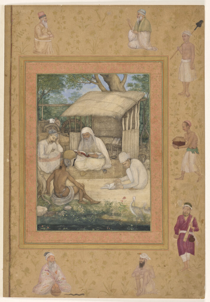 Saint homme et ses disciples étudiant un texte sacré, Attribué à Govardhan, Page du Late, Shah JahanAlbum, École moghole, vers 1630-1635