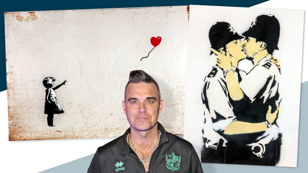 Robbie Williams devant Kissing Coppers et la Petite fille au ballon rouge