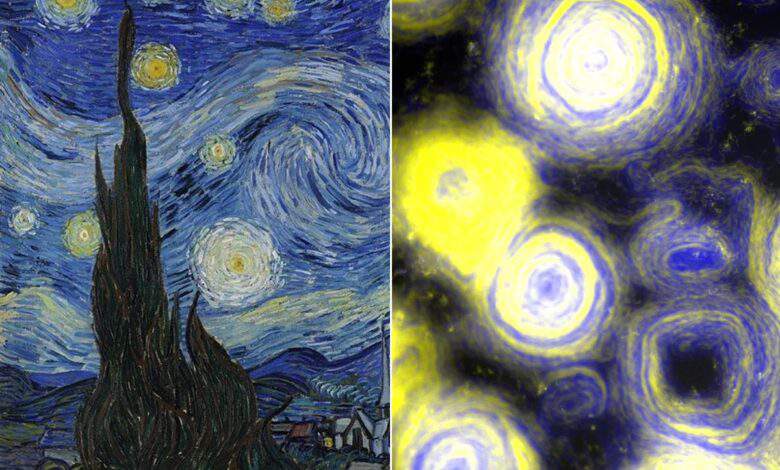 Gauche : La Nuit Étoilée de Van Gogh / Droite : mutation de bactéries Myxocoque Xanthus