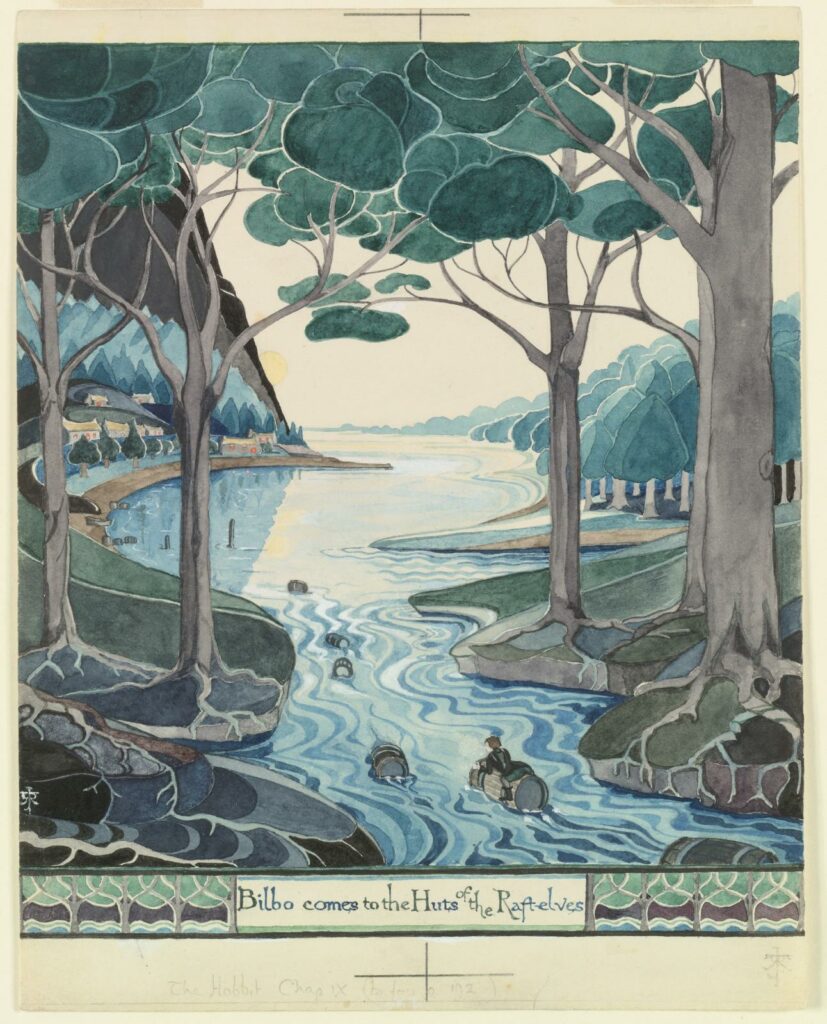 Tolkien, aquarelle illustrant l'arrivée de Bilbo chez les Elfes-nautoniers à cheval sur son tonneau