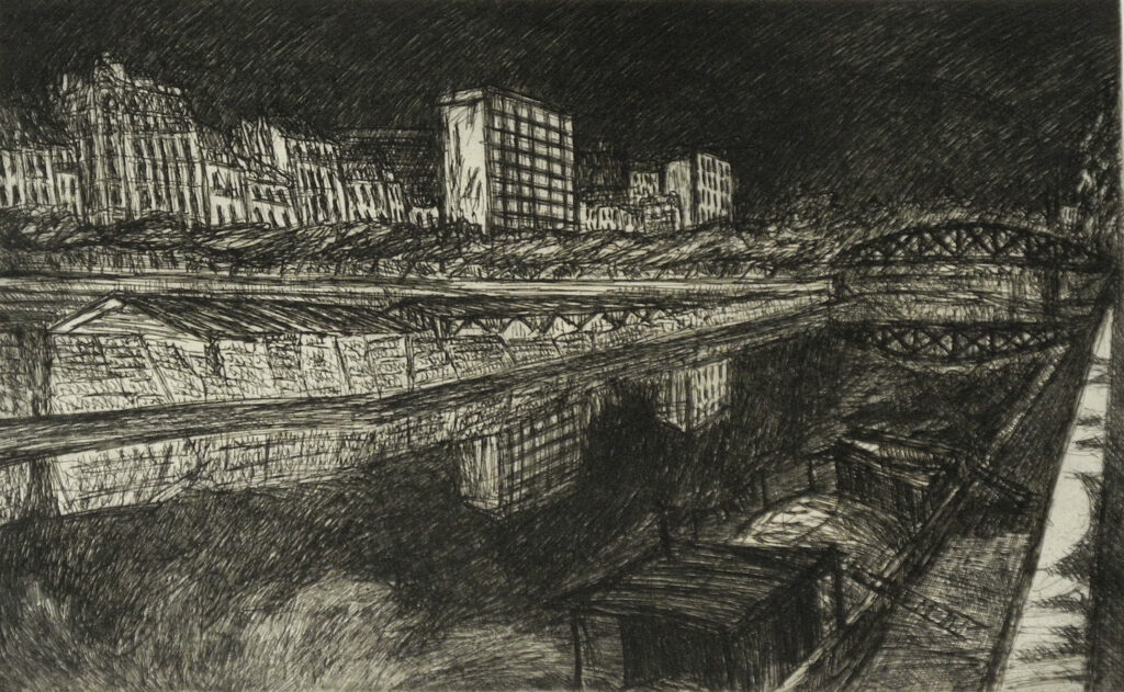  Henri Landier, le canal saint martin, gravure à l'eau-forte, 1962