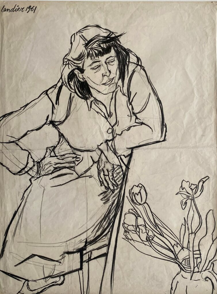 Henri Landier, Monique Morelli au bouquet de tulipes, dessin au fusain, 1961