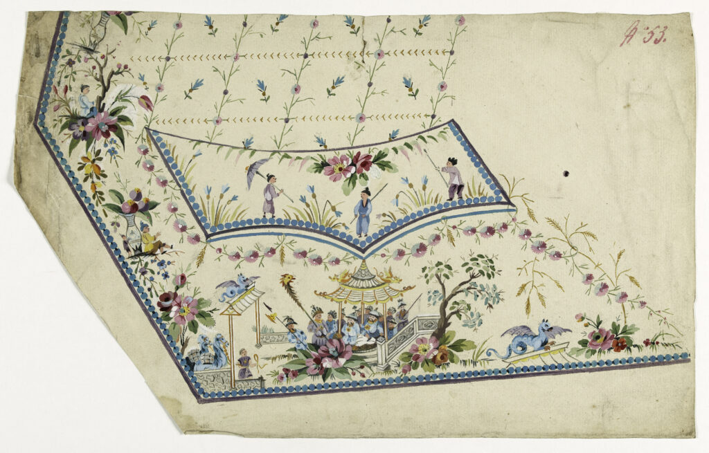 Maquette pour broderie de gilet, poche et bordure du bas du devant gauche, “scène exotique” (détail 1770-1785
