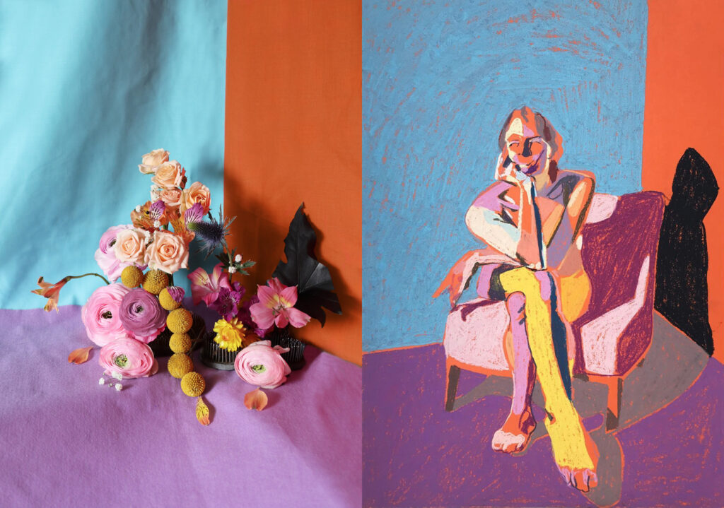 Harriet Parry, interprétation florale de Hester Finch, Nude on Orange with Purple Ground, 2018
