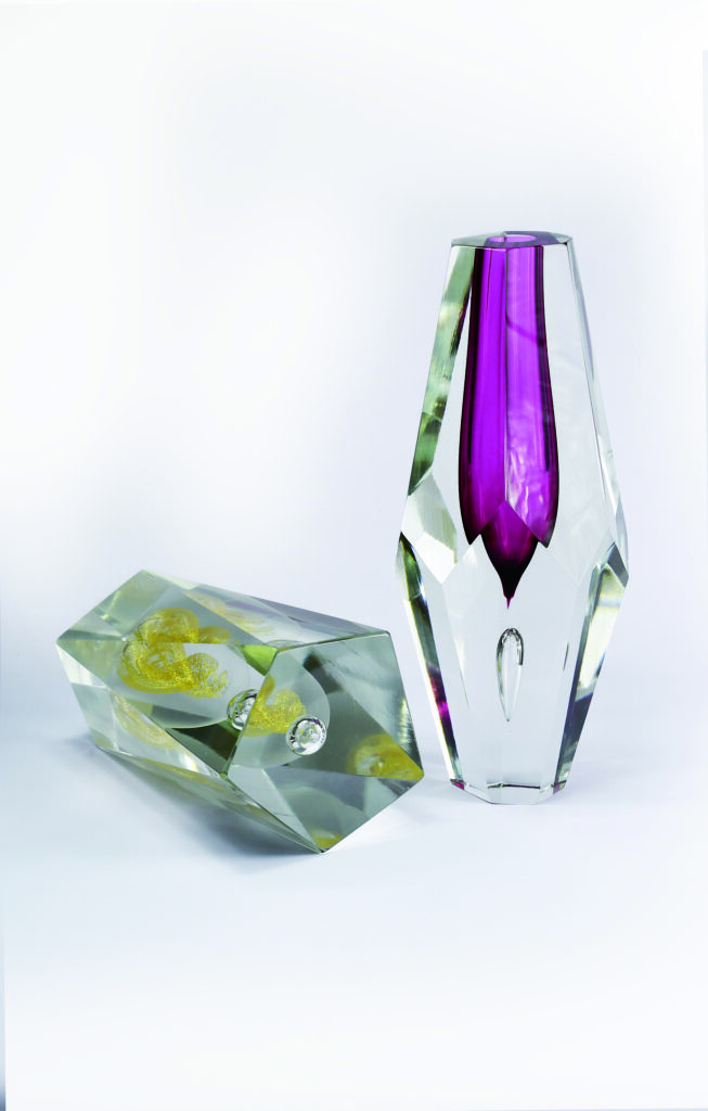 Marco Mencacci, Verre sommerso or et cristal transparent, pièce unique Verre sommerso améthyste et cristal transparent