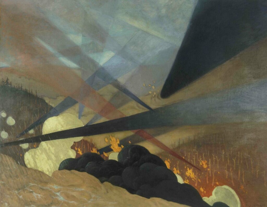 Félix Vallotton (1865-1925) Verdun, tableau de guerre interprété, projections colorées noires, bleues et rouges, terrains dévastés, nués de gaz. 1917