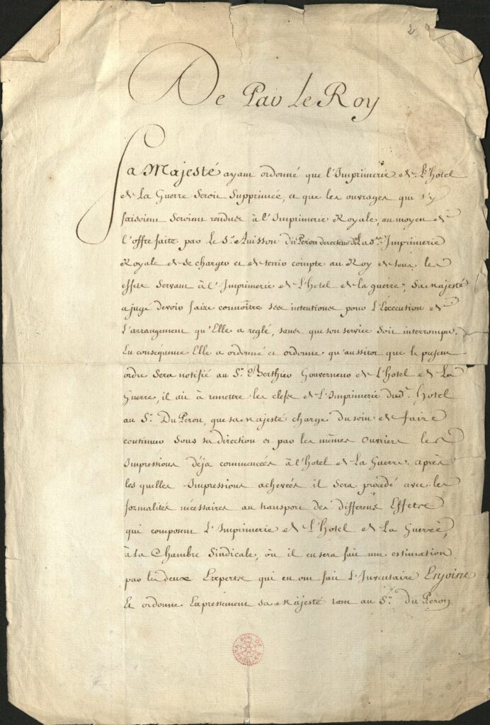 Louis XVI, Lettre supprimant l'imprimerie établie dans l 'Hôtel de la Guerre à Versaille, 3 juin 1775
