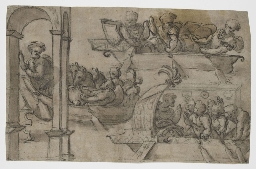 Amico Aspertini, Hommes et chevaux embarqués sur le Danube, copie d'après la colonne Trajane 