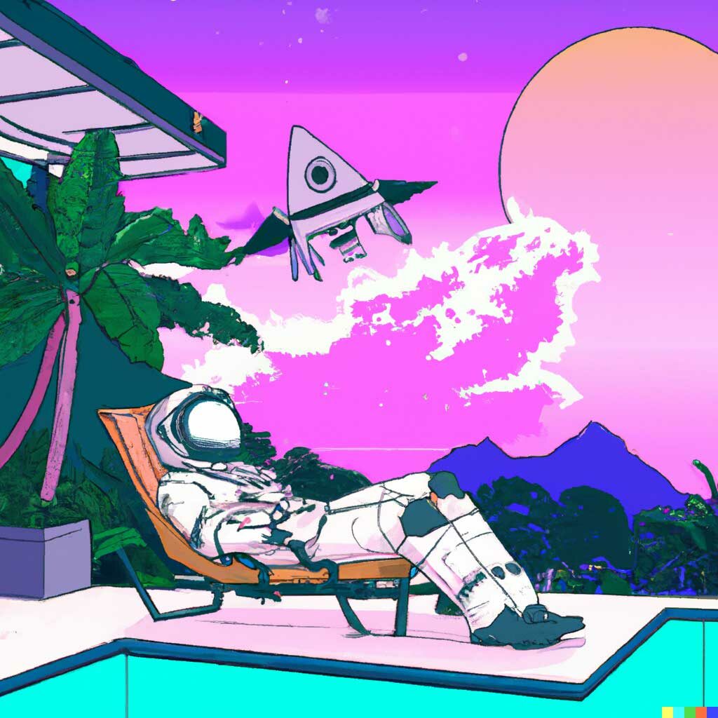 Tableau crée à partir des mots clés "lounging in a tropical resort in space"
