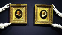 The landmark re-discovered Rembrandt portrait of Jan Willemsz van der Pluym and Jaapgen Carels, both rare and intimate portrayals of relatives of the artist and the last known pair of portraits by Rembrandt to remain in private hands, are adjusted by Christies auction house staff in London, Friday, June 30, 2023. Both of Rembrandt's portraits are at auction 200 years after they were last seen at Christie's with an estimate of £5,000,000-8,000,000, (6,300,000 - 10,000,000 USD).(AP Photo/Frank Augstein)