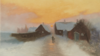 Exposition- Trésors en noir & blanc- Petit Palais- Johannes-Martin Grimelund, Rue de village sous la neige au soleil couchant