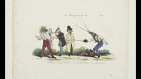 Grandville (Jean Ignace Isidore Gérard dit, 1803-1847). "Les Métamorphoses du jour. The devil, you always go backwards. Qué-diable, monsieur, on ne recule pas comme ça". Lithographie coloriée, 1829. Paris, Maison de Balzac.