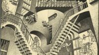 Maurits Cornelis Escher, Relativité, 1953 Lithographie, 277x292 mm. Collection M.C. Escher Heritage, Pays-Bas All M.C. Escher works © 2025 The M.C. Escher Company