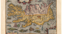 Abraham Ortelius Theatrum orbis terrarum : Islandia ;  Islande (carte illustree avec des monstres marins).