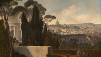 Panorama de Rome vu depuis la terrasse de San Pietro in Montorio, détail Extrémité gauche, 1ère feuille du panorama : nord du mur de la terrasse, entrée du couvent de San Pietro in Montorio. Monuments et sites représentés : Tempietto de Bramante, basilique Saint-Pierre de Rome, Mont Janicule, église San'Onofrio au Janicule, Monte Mario, Palais Salviati, Villa Mellini, hospice du Saint-Esprit, Appenins.