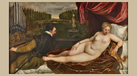 Exposition La Vénus du Titien au Musée de Castelvecchio, Vérone Visuel de l'exposition consacrée à la Vénus au chien et au joueur d'orgue du Titien, Musée de Castelvecchio