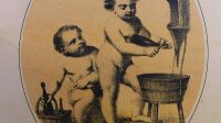 Lithographie Champagne Montebello, Le dégorgeur et le porteur de bouteilles, exposition De la vigne au verre à la Maison de Balzac