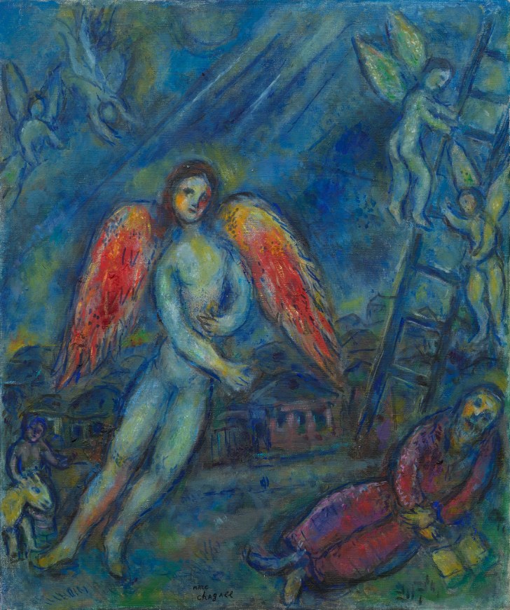 Marc Chagall, L’ange bleu, vers 1975, huile sur toile, exposition Chagall : La couleur des sentiments chez Gurr Johns