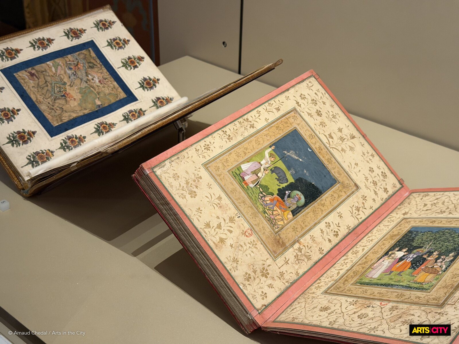 Des albums de miniatures peintes ouverts sur des lutrins dans l’exposition Histoires d’animaux à la BnF Richelieu