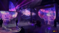 Exposition Planète Océan à l'Atelier des Lumières - méduses et lasers (une) Méduses géantes et faisceaux laser dans la grande halle de l'Atelier des Lumières, notre visite de l'exposition immersive Planète Océan