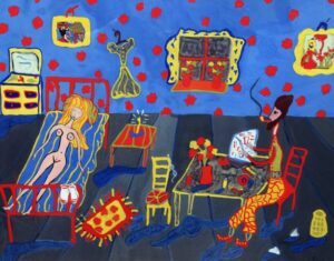 Pegeen Vail Guggenheim, Interior, 1952, gouache sur papier, exposition Pegeen à la galerie Durazzo
