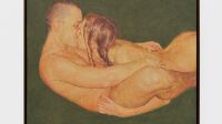 Sergey Kononov, Svitlana and Slavik, 2026, huile sur toile, 62,5 × 78 cm Sergey Kononov, Svitlana and Slavik, 2026 : un couple nu enlacé flottant sur un fond vert profond, exposition Mémoires à la Galerie Max Hetzler Paris